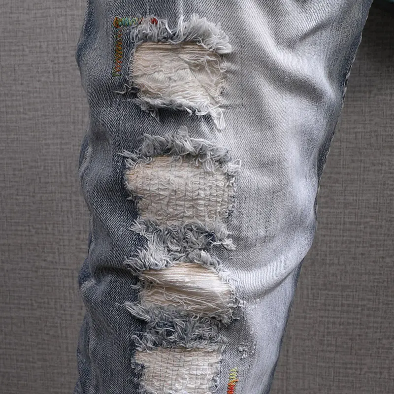 European American Street Fashion Men Jeans Retro Light Blue Destroyed Slim Ripped Jeans Men Patchwork Designer Denim Punk Pants