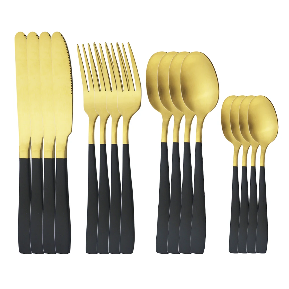 

Западные столовые приборы 16 шт. Комплект посуды Нержавеющая сталь черного и золотого цвета посуда, ложки, вилки, Ножи столовый набор в компл...
