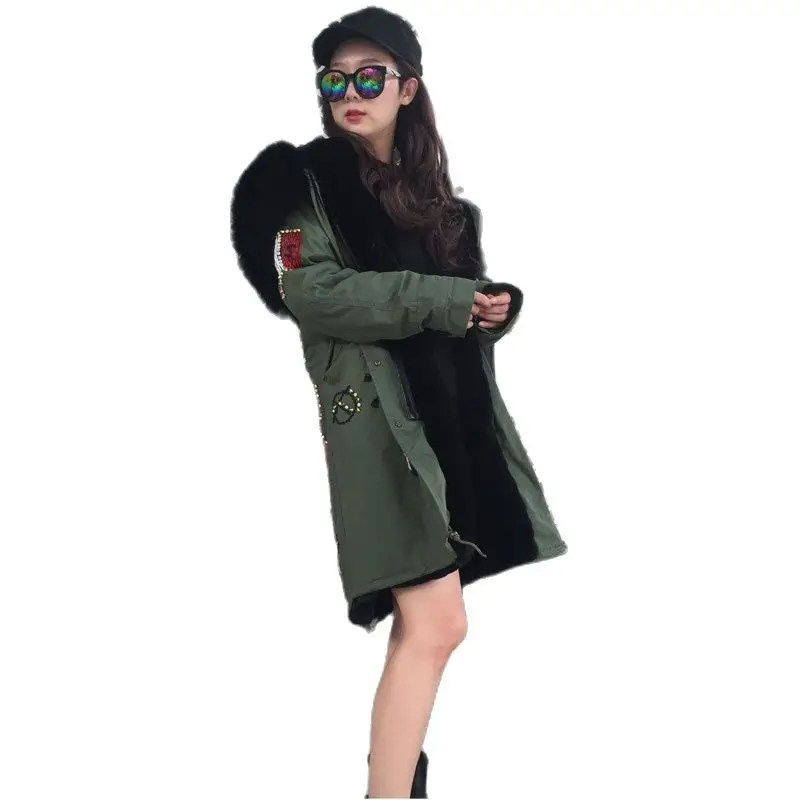 Черная парка с американским флагом из кроличьего меха для женщин Новогодняя