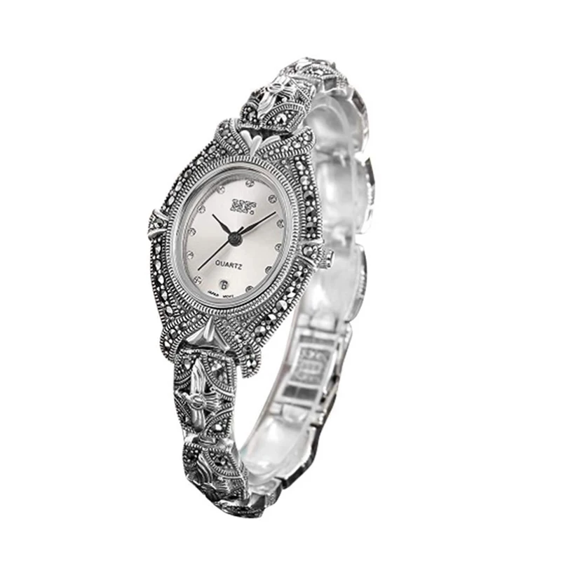 

Jade Angel Women Pave Marcasite 925 Sterling Silver Wrist Watches Oval Style 925 Silver Bracelet