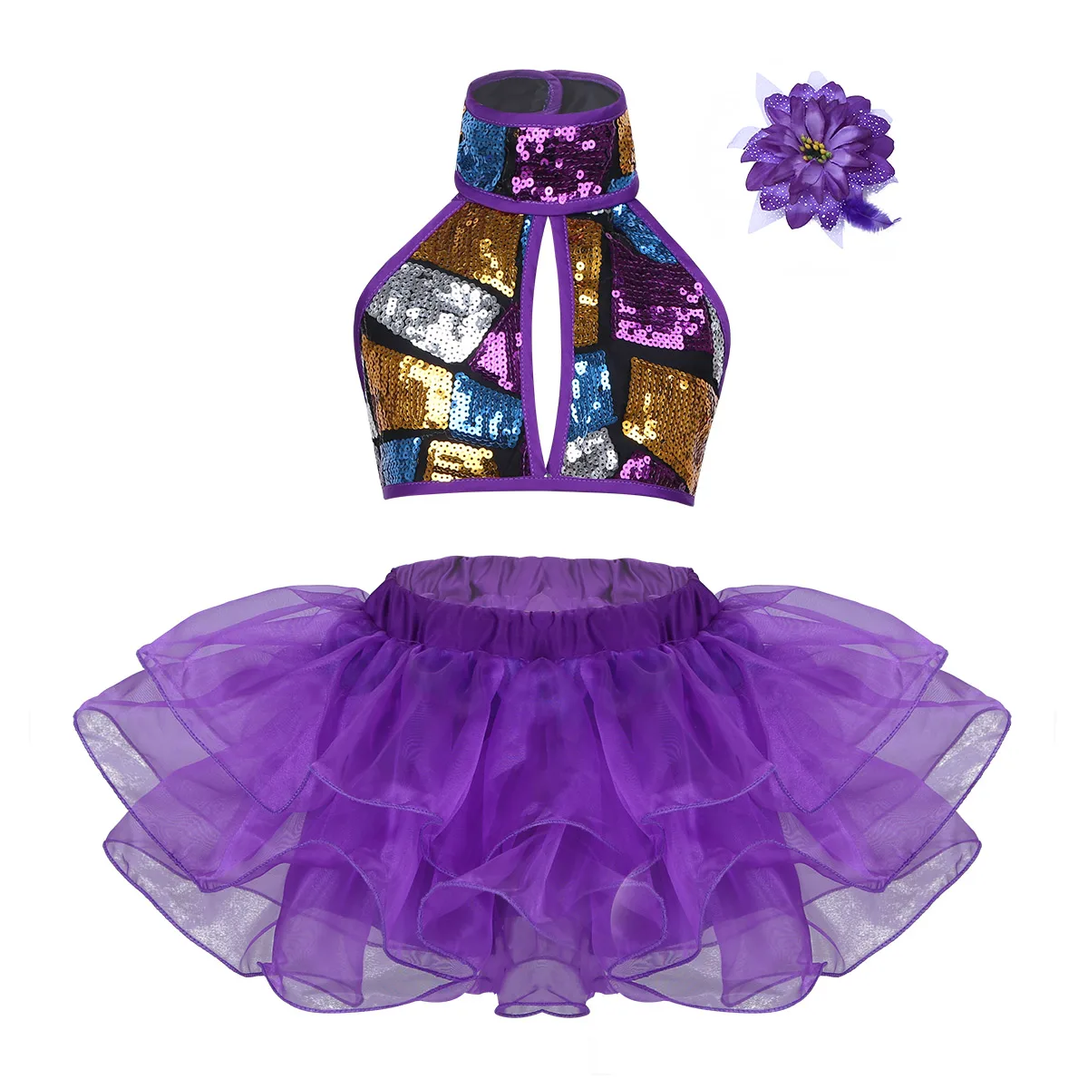 

Kids Shiny Sequins Halter Crop Tops with Tutu Skirt Flower Hair Clip Set Child Stage Performance Girls Ballet Jazz Dance Costume