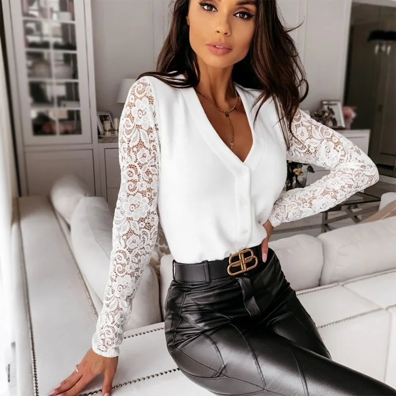 Женский сетчатый топ с V образным вырезом кружевная футболка длинным рукавом и