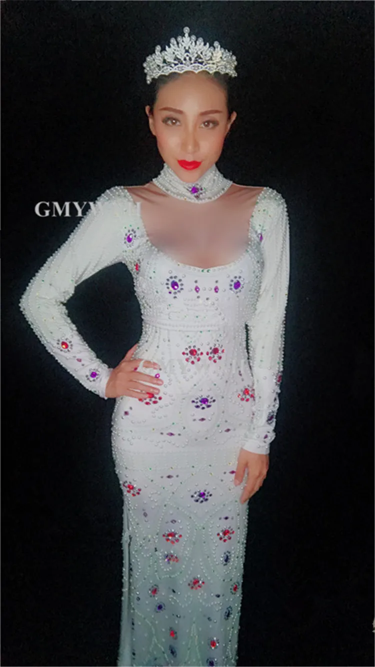 X38 певица выполнять Стразы длинное платье белый жемчуг один кусок наряды Красный