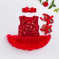 summer new 0 24m baby girls cotton breathable sleeveless sequined romper dress infant soft toddler shoes sets with headwear