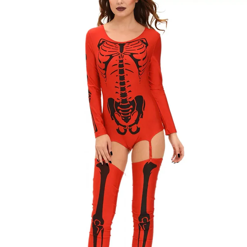 Для взрослых женщин шикарный Хэллоуин красный белый костной ткани с принтом