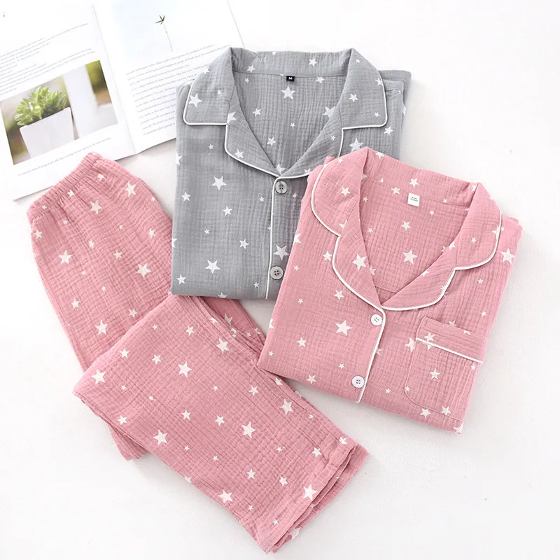 

100% Cotton Crepe Sleepwear Pyjamas Set Autumn Lounge Wear Long Sleeve Top + Pants Set Women Pijama Night Suit Home Service Wear