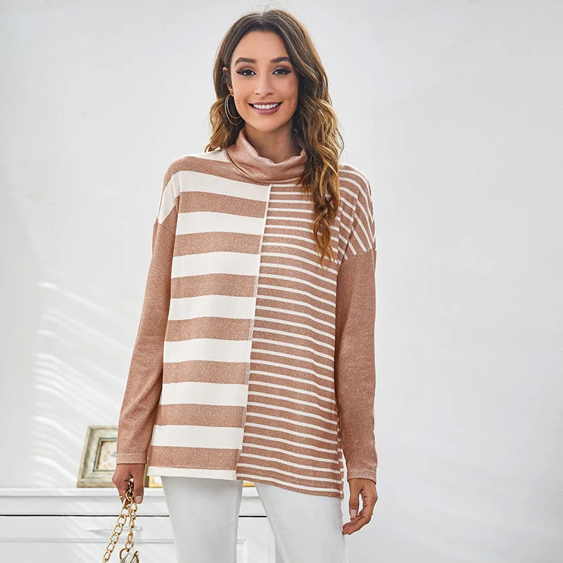 

Oversized Women Turtleneck Striped Patchwork Tshirts Long Sleeve New Casual Loose Bottom Shirts 2021 New Autumn Winter Clothing