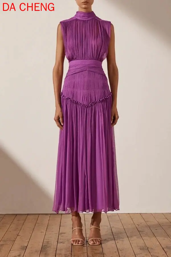 

2021 Spring and Summer Stand-up Collar Sleeveless Pleated Wood Ears High Waist Thin and Elegant Red Dress Long Skirt