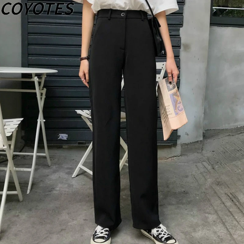 

COYOTES Womens Pants Solid Black Straight Pant Women Loose Leisure Daily Trousers Pocket Harajuku Korean Style All-match Fashion