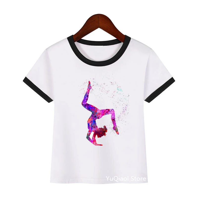 

Lovely watercolor gymnastics design tee shirt summer girls clothes white gym t-shirt children Custom tshirt top for students