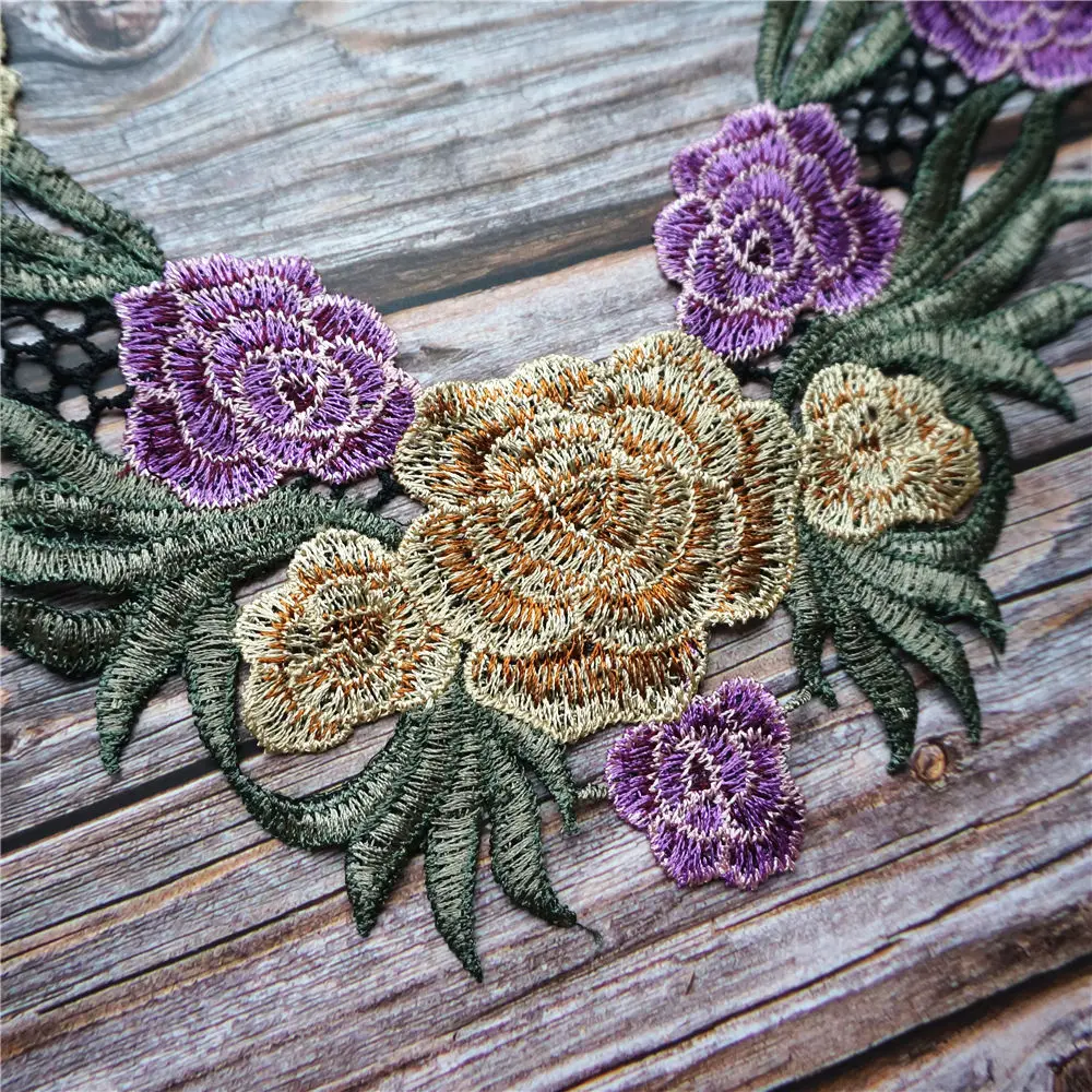 Фиолетовый вышитый цветочный воротник искусственная кружевная ткань нашивки