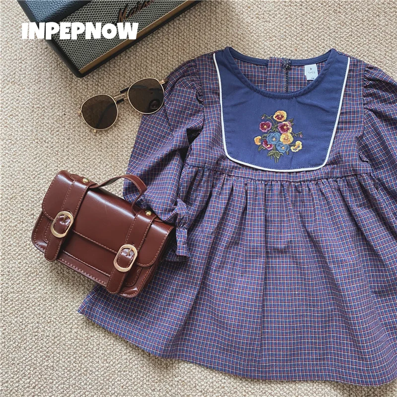 

Осеннее винтажное платье для девочек INPEPNOW с цветочной вышивкой, 2021, клетчатый цветочный сарафан в стиле "Лолита", платья для девочек, детская...