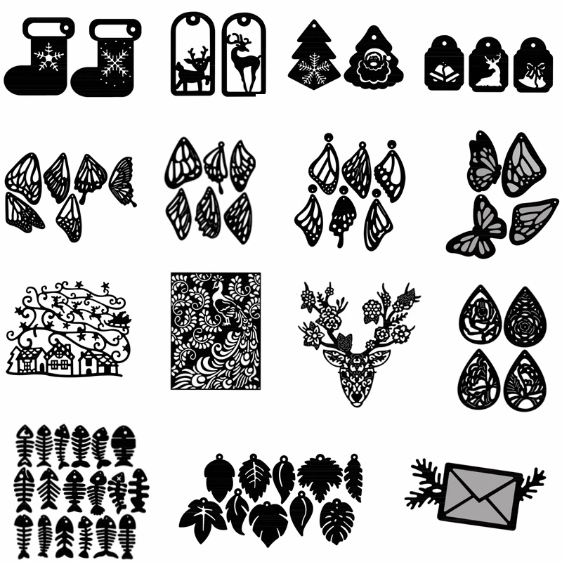 

Dies Mix Butterfly Deer Leaves Fish Flower Letter Tree Christmas Stocking Lace House Metal Cutting Dies Decorate Cards Die Cut