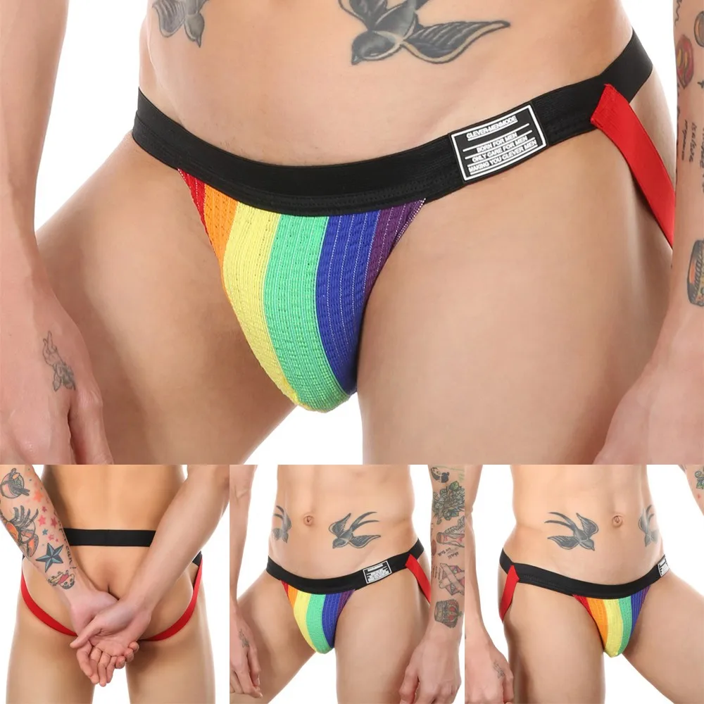 

Men Bikini Rainbow Gay Jockstrap Elastic Hip Lifting Sexy Supporter Underwear Underwear Men's Sexy Breathable Leopard Printed