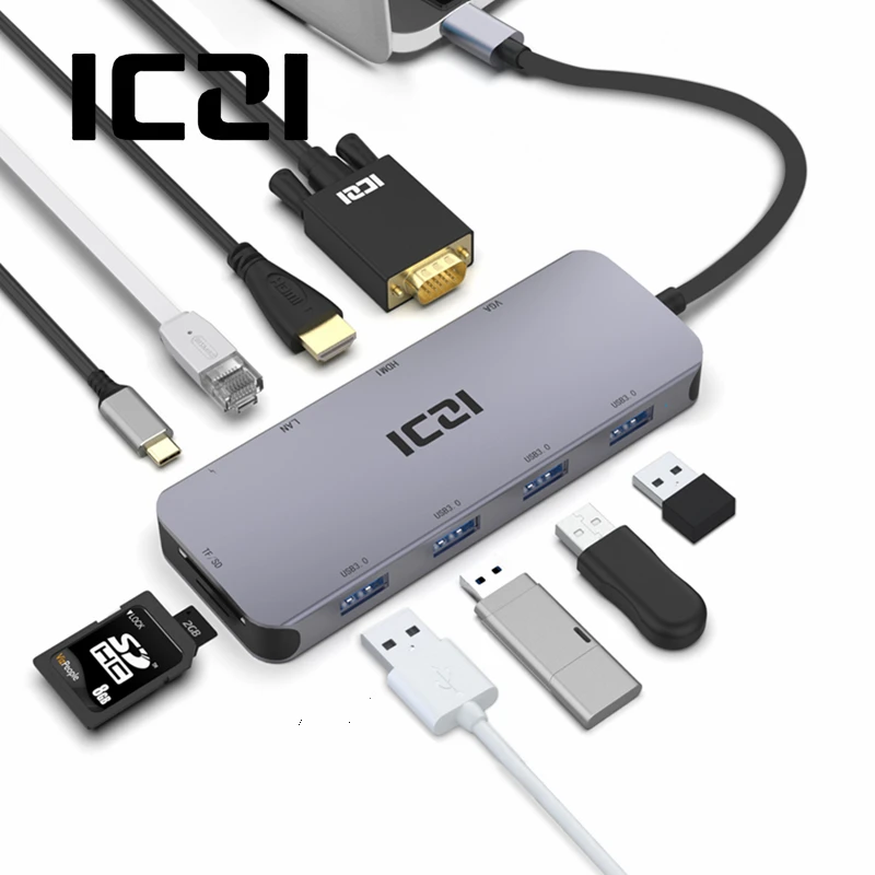 ICZI USB C концентратор 10 в 1 Тип до 4K HDMI VGA 3 0 кард ридер RJ45 Мощность конвертер для MacBook
