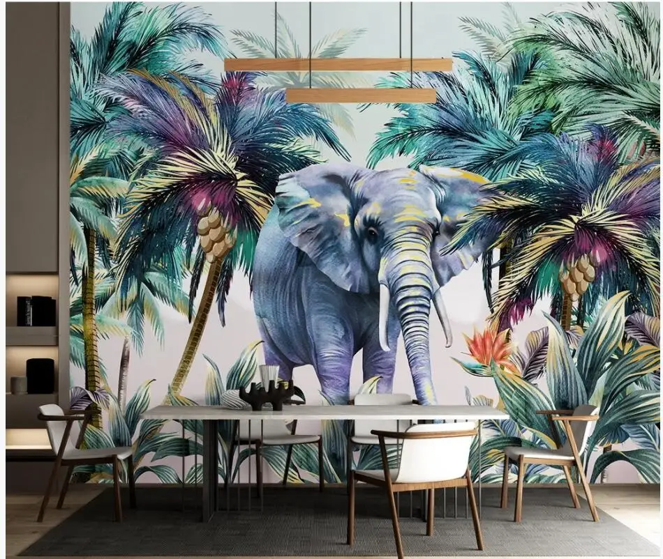 

3d фотообои, ручная роспись, тропические растения, лесной слон, декор для гостиной