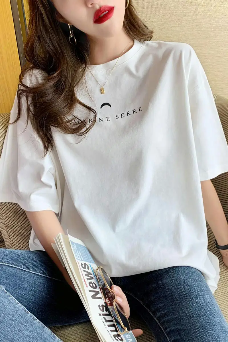 

Houthion Cotton Loose Plus Size Women T-shirt 2021 New Casual Tshirt Fashion Short Sleeve Letter Printing O-neck T Shirt Summer