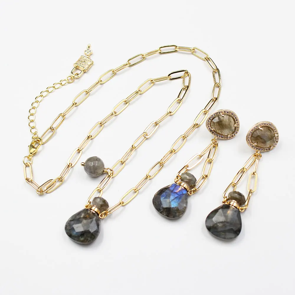 

Ювелирные изделия GuaiGuai, комплект из ожерелья и серег из натурального Лабрадорита, позолоченная цепочка, ожерелье, серьги с подвеской из мер...