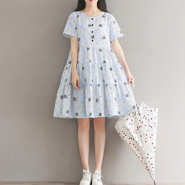 Ori/летнее женское синее платье с оборками хлопковое льняное свободное Vestidos Femininos