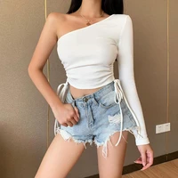 women casual sexy solid color one off shoulder crop top t shirt side drawstring slim fit rib knit tee top daily wear