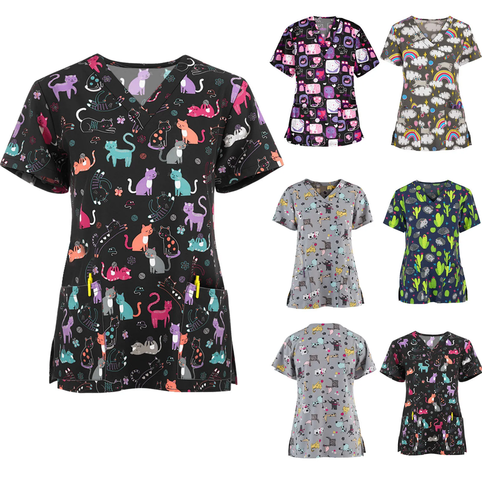 

Women Short Sleeve V-neck Tops Working Uniform Cartoon Animal Print Blouse T-shirt Nurse Uniform Nurse Accessories Enfermera q5