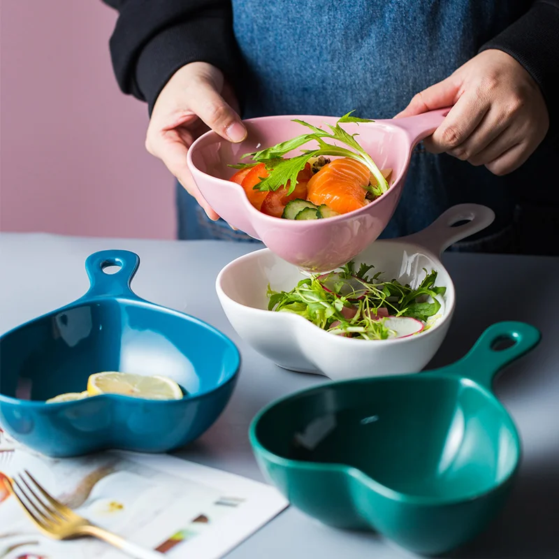 

Ceramic Handle Bowl Nordic Household Tableware Salad Bowl Rice Bowl Pasta Bowl Peach Heart-shaped Baking Baking Bowl Soup Bowl