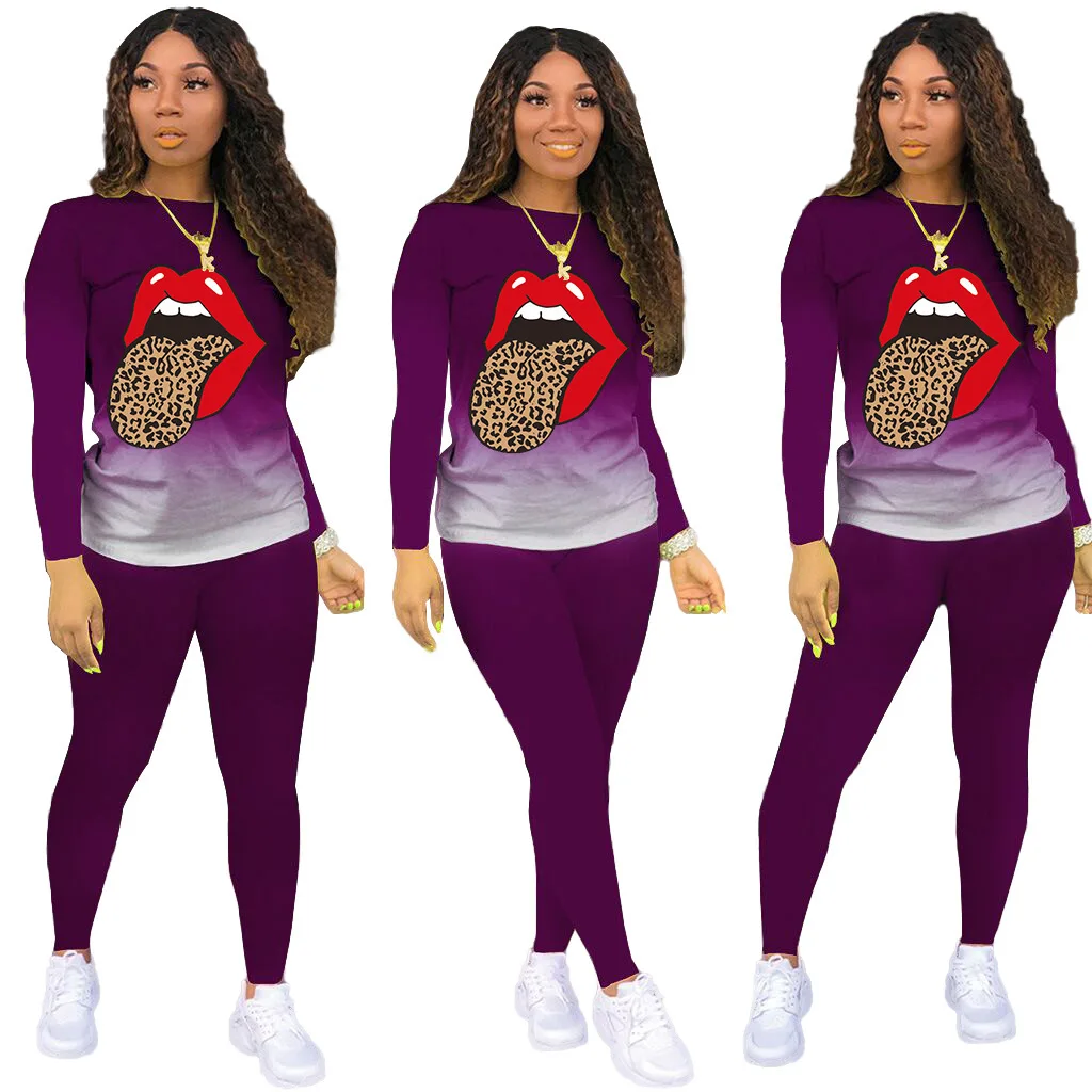 

Plus Size S-5XL Women's Suit 2-Piece Set Fall / Winter 2020 New Lip Gradient Home Wear Long Sleeve Top Pants Fashion Casual Suit
