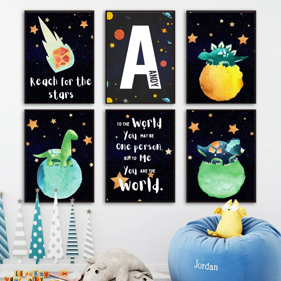 

Dinosaur Space Planet Custom Baby Name Nursery Wall Art Canvas Painting Nordic Posters And Prints Wall Pictures Boys Room Decor