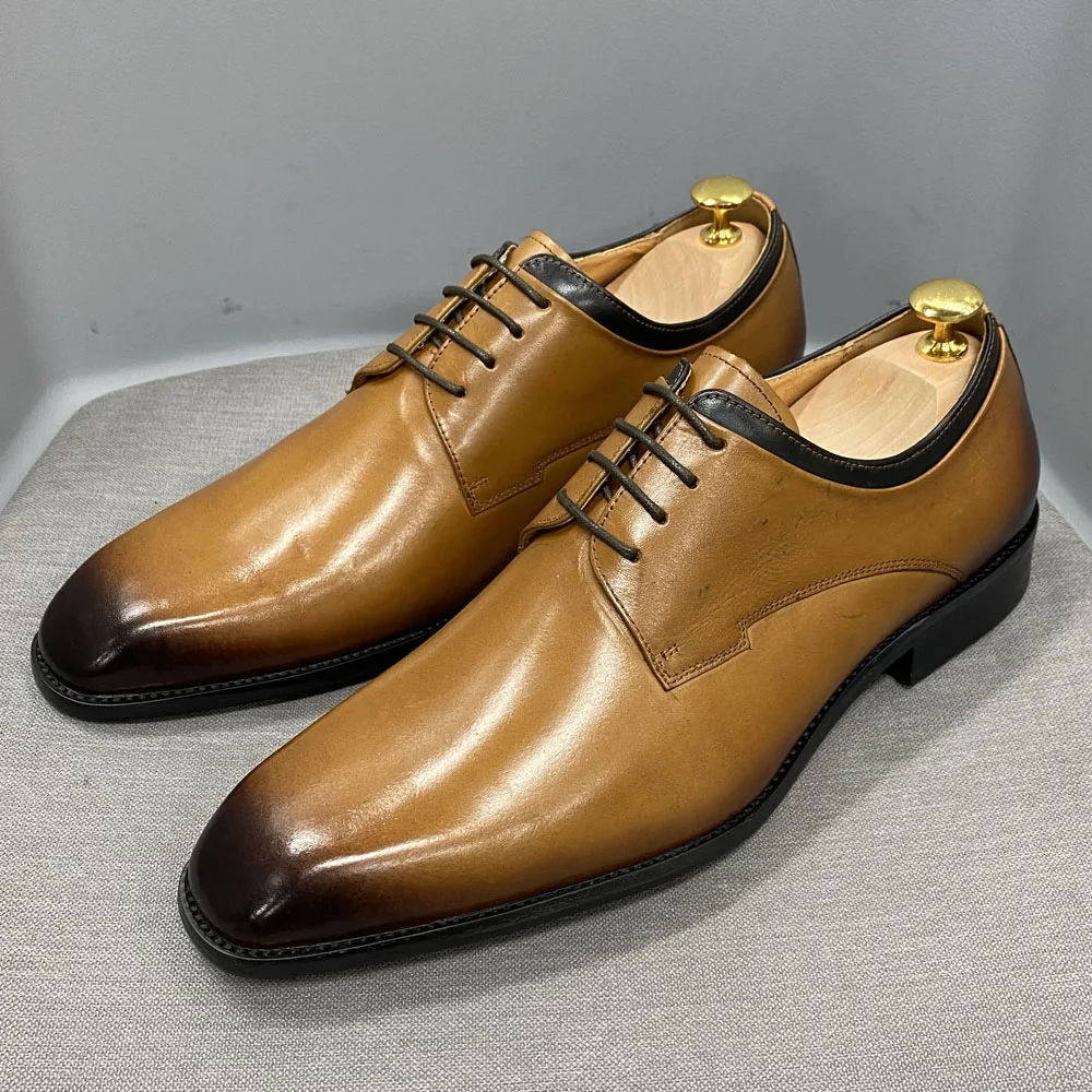 

Men's Oxford Derby Genuine Leather Shoes Brown Classic Style Handmade Lace Up Formal Shoes Wedding Office Dress Shoes for Men