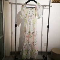 summer women white floral chiffon dresses square neck shirring thread puff short sleeve ankle length one piece robe