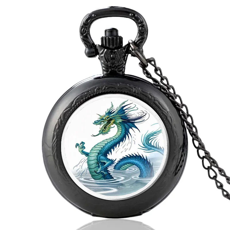 Классический японский аниме Дракон Дизайн Черные винтажные кварцевые карманные