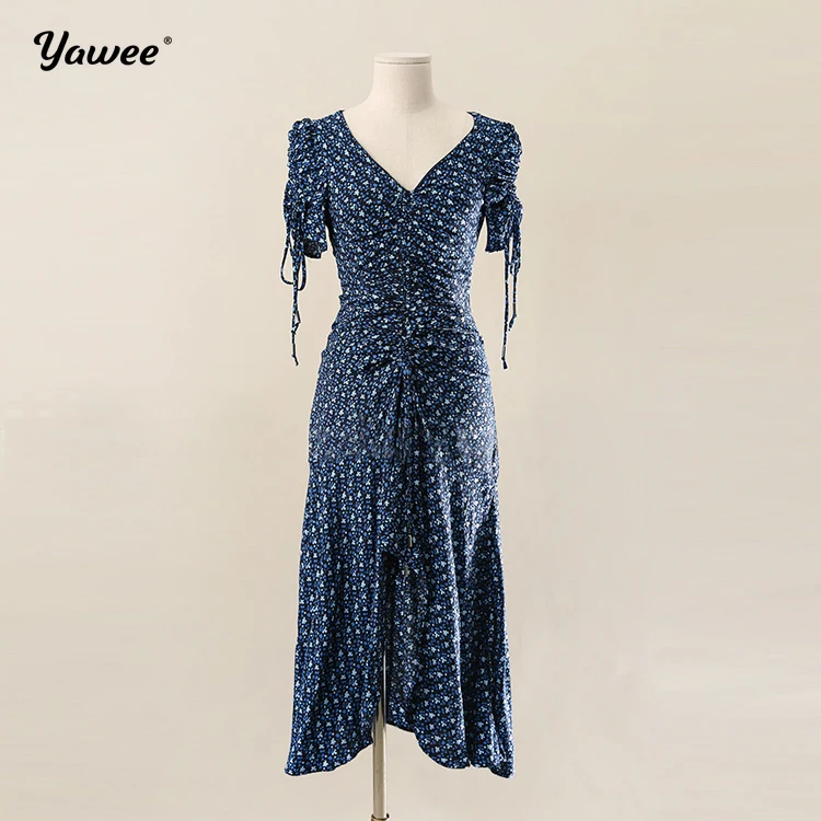 

Yawee Summer Long Dress Women sexy deep v neck Printed high street Dress long Sleeve Shirt Dress Ladies Casual Dresses Vestidos