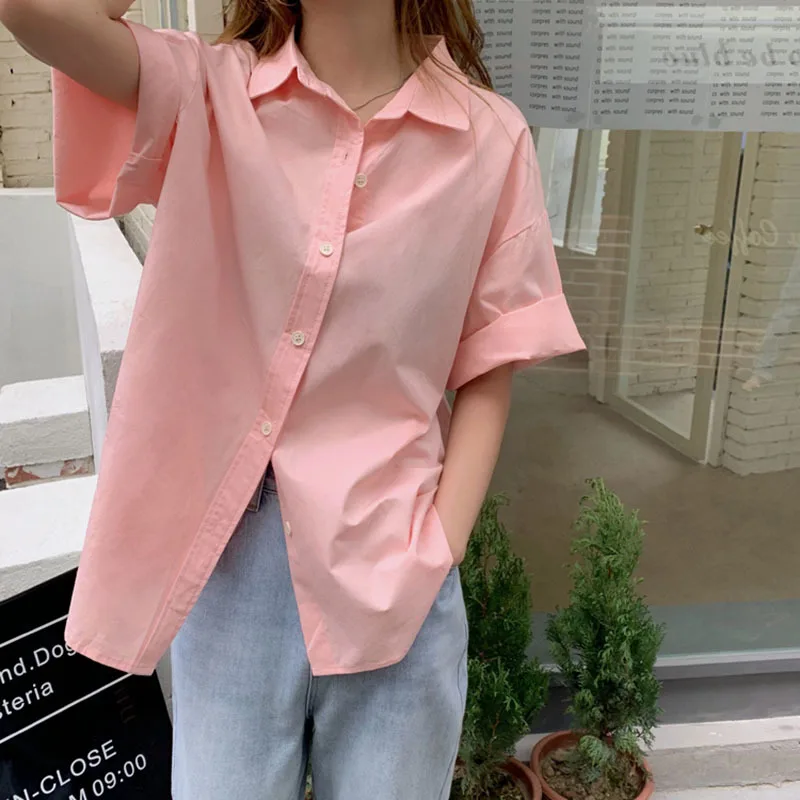 

Casual Turn-down Collar Short Sleeve Women Shirts Tops 2021 Summer Chic Single-breasted Loose Female Solid Blouses
