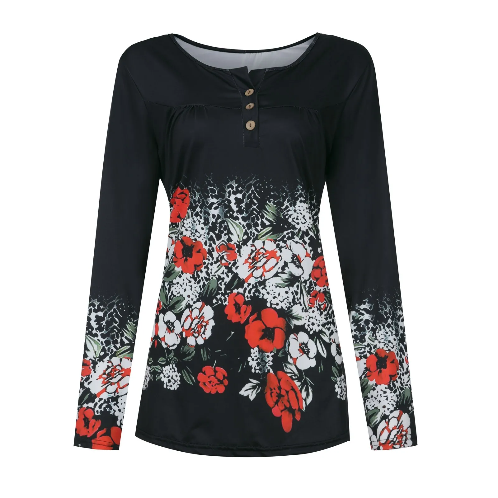 

Womens Fashion Round Neck Printed Buttons Long Sleeve Asymmetric Hem Top