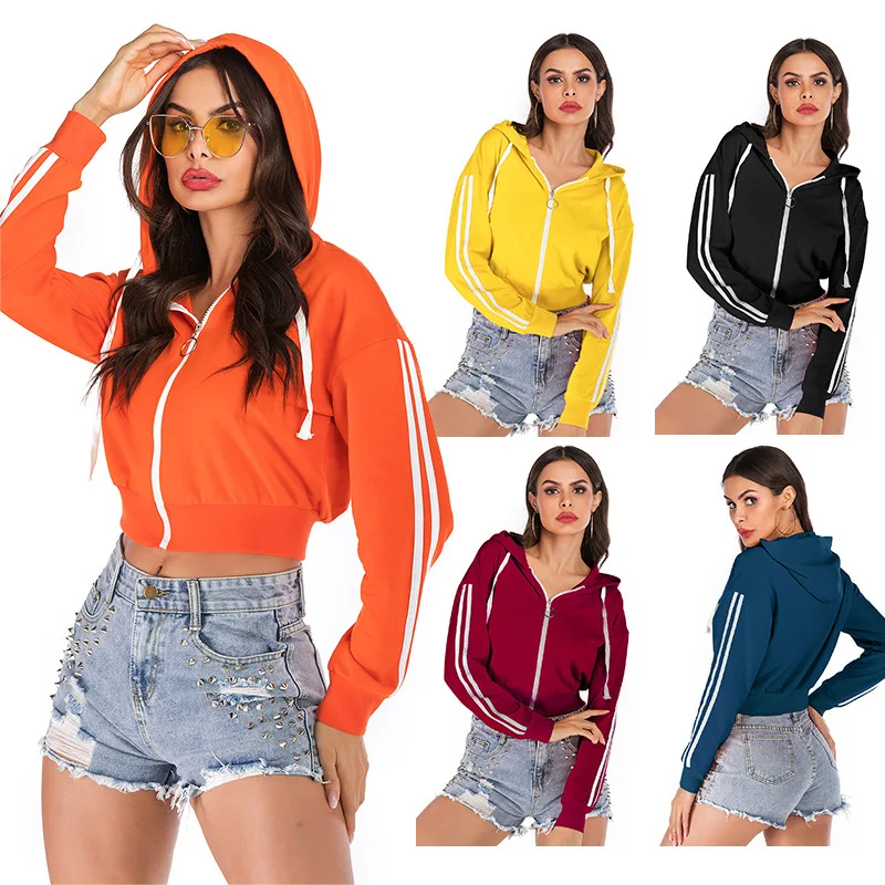 

Pop Women Spring Zip-up Hooded Sweatshirt Striped Casual Short Coat Long Sleeve Zippers Autumn Womans Hoodies Sweatshirts