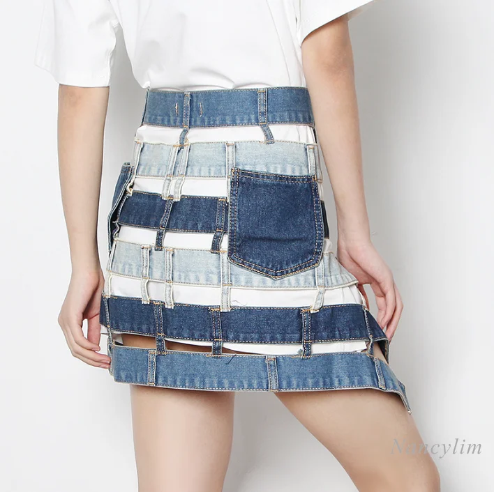 

Denim Skirt for Woman 2021 Summer New Female Personality High Waist Hollow-out Color Matching Hip Jeans Skirts Jupe