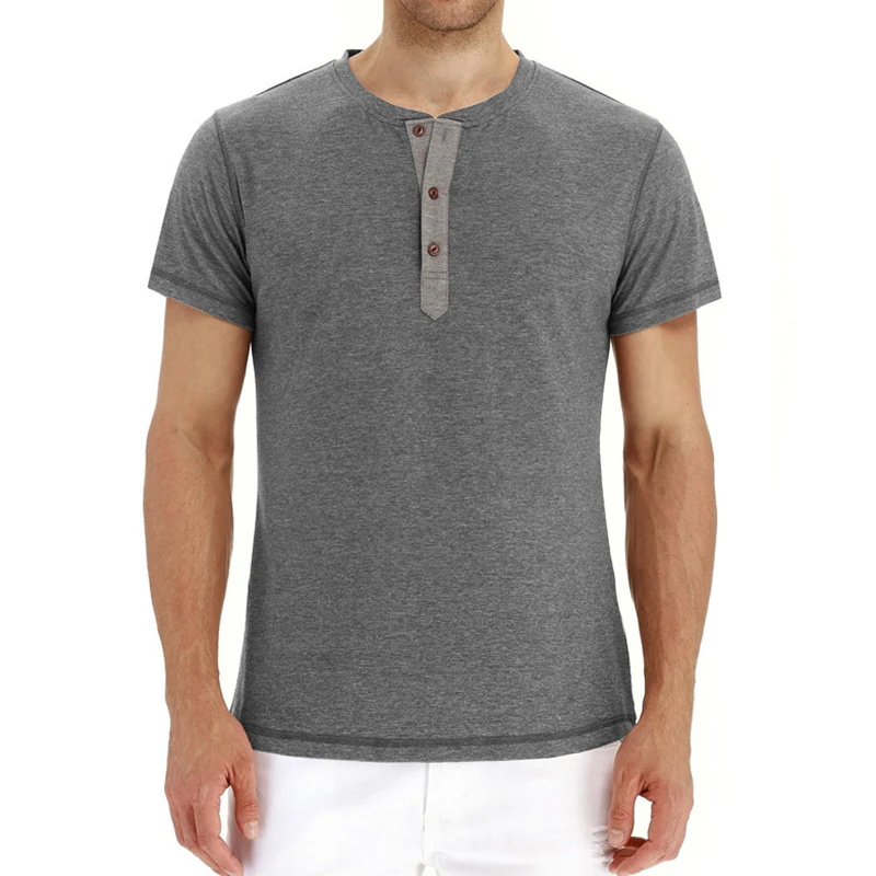 

Handsome Men Casual Slim Fit Basic Short Sleeve Fashion Summer T-Shirt Button-down Solid Stretch Round Neck Pullover Wholesale