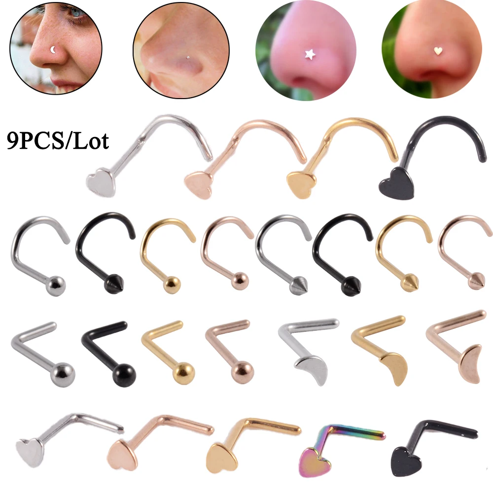 

9PCS/Lot Surgical Steel Heart Bone Nose Stud Piercing Anodized Black Rose Gold Color Nose Ring Earring Body Piercing Jewelry 20G