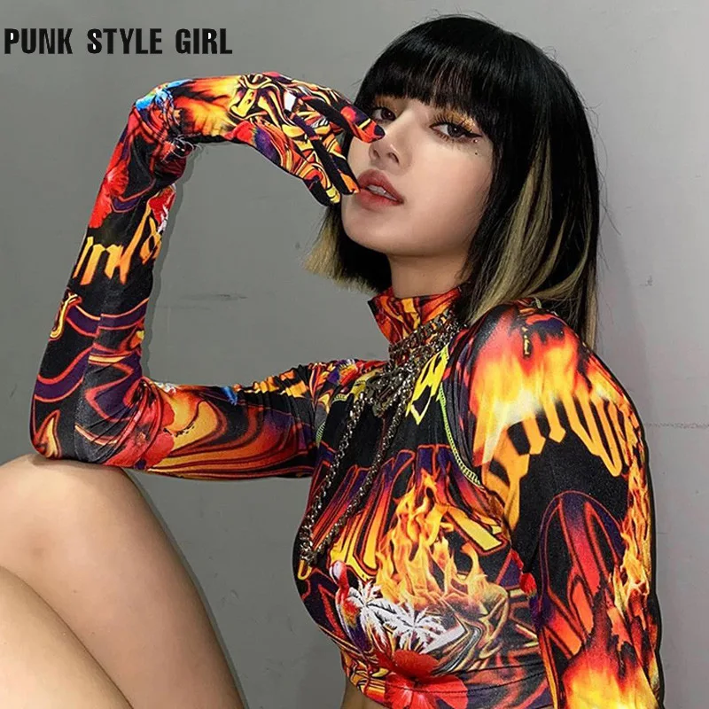 

Y2k Printed Long Sleeve Crop Top Egirl Gloves Turtleneck Clubwear Bustier Fire Anime Pattern Paint Kpop 2021 New Nightclub Tees