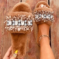 indoor furry women slippers large rhinestone string bead luxury design flat heel fluffy fur house slides fashion shoes ladies