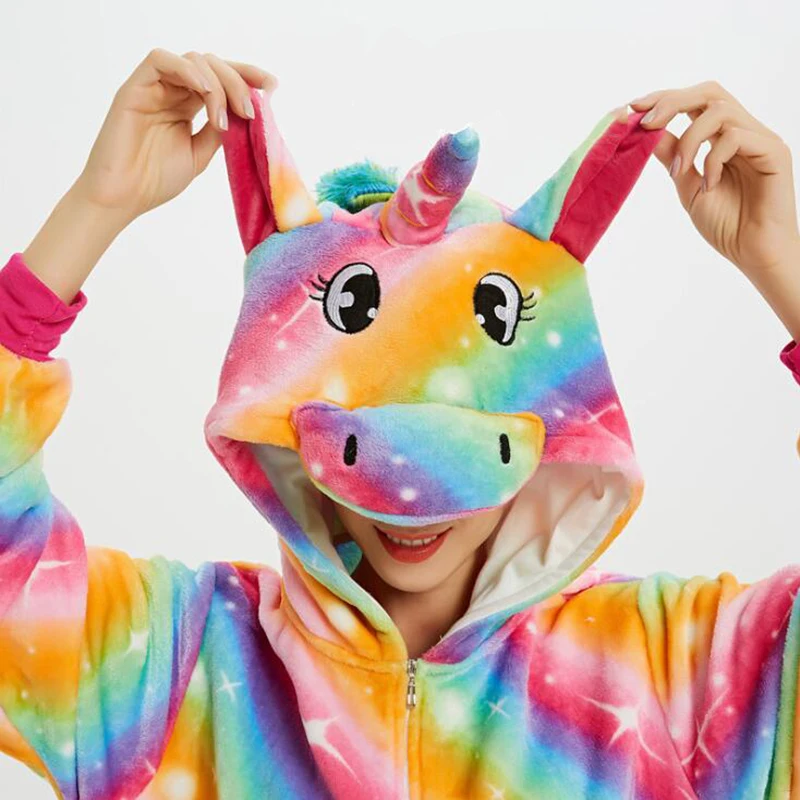 

Cartoon Adult Animal Starry Sky Unicorn Kigurumi Onesies For Women Flannel Winter Colorful Soft Sleewear Anime Cosplay Pajamas