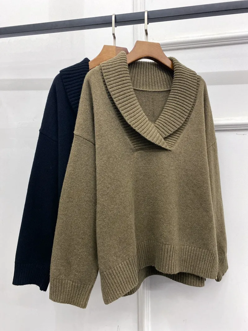

Hem Slit Sweater Women Turn-down Collar Loose Long Sleeve Casual Simple 2021 New Ladies Knit Pull Autumn Winter