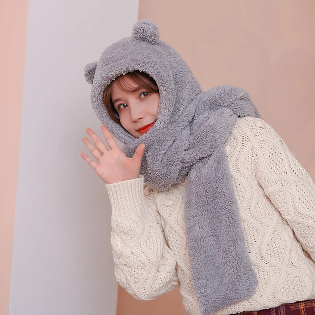 

Women Cute Cartoon Thick Hat Ear Protectors Warm Plush Hat Scarf Set Cute girl winter bib hat comfortable and warm