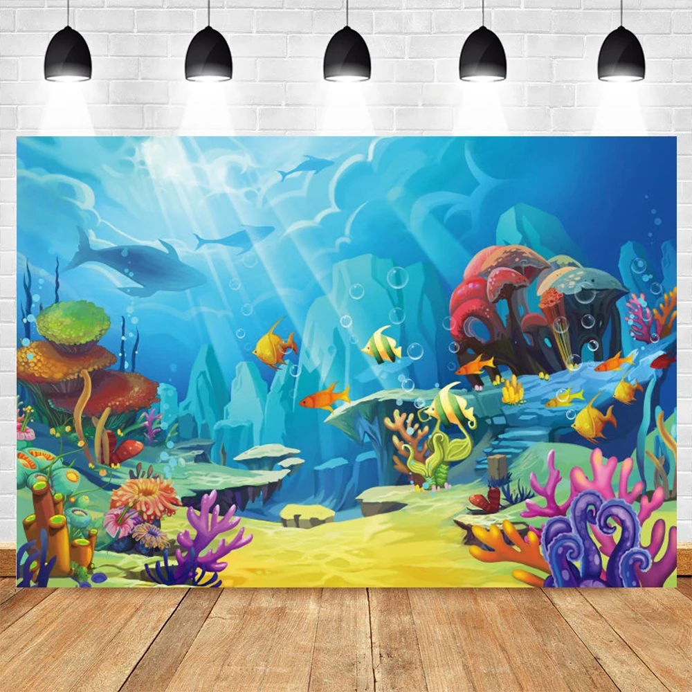 

Underwater World Coral Reef Seabed Backdrop Photography Background Sea World Torpical Fishes Shark Party Summer Birthday Party