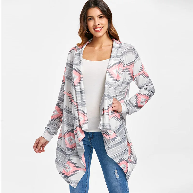 Женские кардиганы с геометрическим принтом длинным рукавом асимметричный