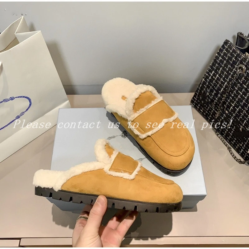 

Luxury New Women Slippers Brand Designer Closed Toe Keep Warm Casual Khaki Slides Non-Slip Soled Females Soft Plush Cotton Shoes