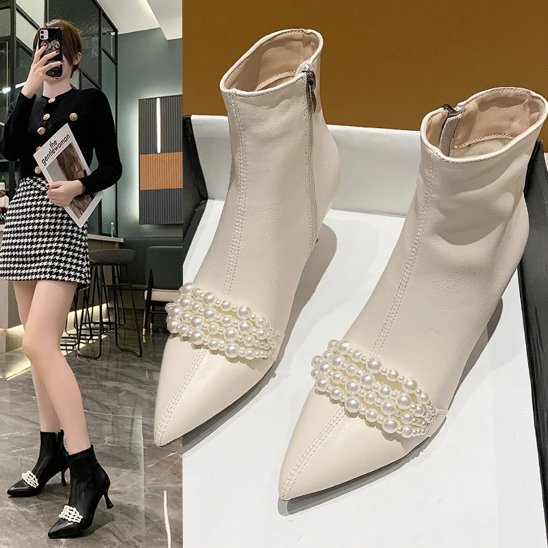 

Sweet Pearls String Bead Women Ankle Boots Pointed Toe Zipper Ladies Elegant 6cm Thin High Heel Chelsea Boots Winter Pumps Shoe