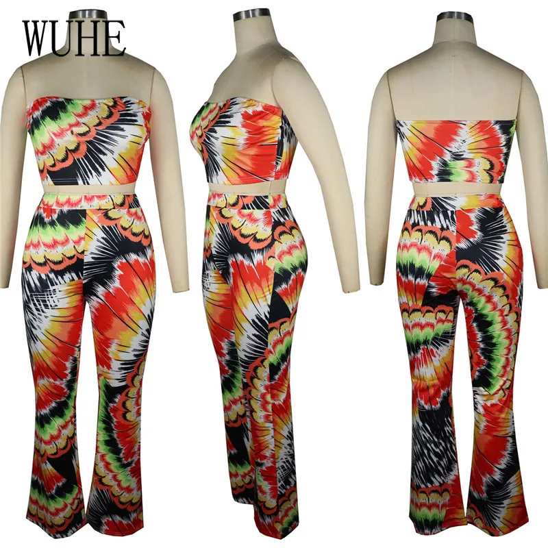 

WUHE Colorful Print Two Piece Suits Breast Wrap Off Shoulder Sleeveless Top and Long Pants Nightclub Party Streetwear Outfits