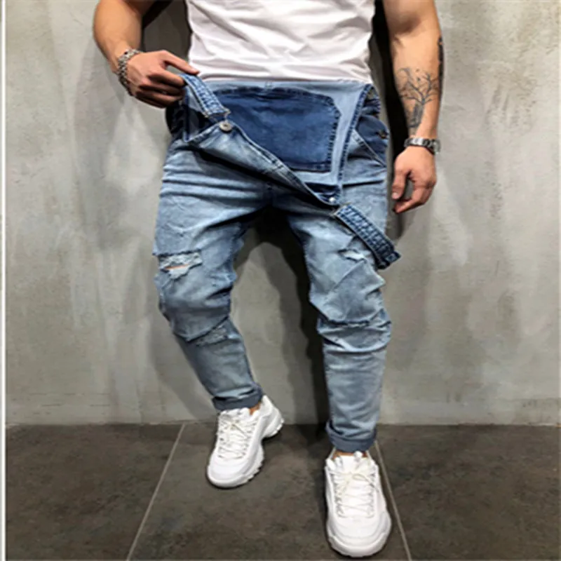 Комбинезон мужской джинсовый рваный Модный комбинезон из потертого денима в