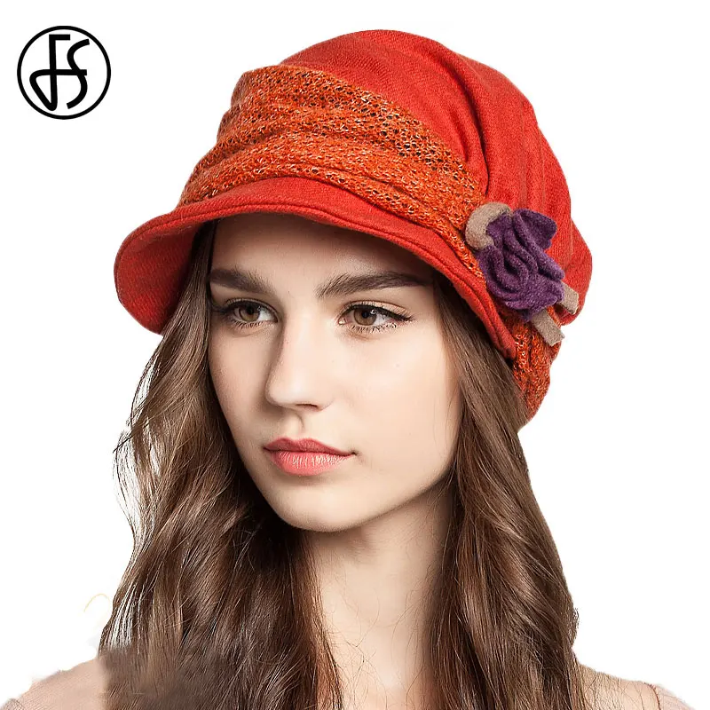 Orange FS, зимние, винтажные, шерстяные, французские, береты, шапки с цветком для женщин, женские, черные, серые, оранжевые, синие, хаки, без полей, берет, шапка - Цвет: Orange